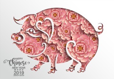 happy chinese new year 2019 zodiac sign with paper cut art and craft style on color background.(chinese translation : year of the pig)
