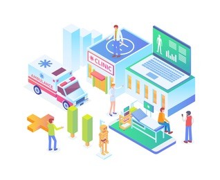 modern isometric smart hospital technology system illustration in white isolated background with people and digital related asset