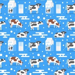 vector flat style seamless pattern with gazing cow, milk package and glass. blue background.