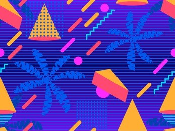 summer futurism seamless pattern. geometric elements memphis in the style of 80s. retro background with palm trees. retrowave. vector illustration