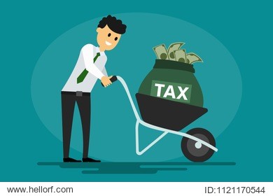 tax return concept. smiling eps vector illustration character of office employee man carrying a bag of money coming back from irs as tax payment isolated on blue background.  tax return concept