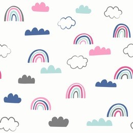 cute doodle vector pattern with rainbows and clouds. sky seamless background with hand drawn weather icons.