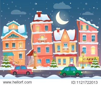  xmas card with a decorated snowy old city town at christmas eve in night.