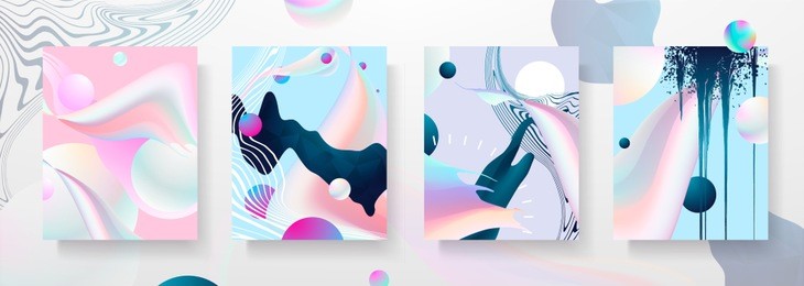 abstract fluid creative templates, cards, color covers set. geometric design, liquids, shapes. trendy vector collection.
pastel and neon design, geometric  fluid graphic shape, in vector background.