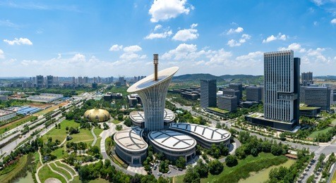 wide-angle aerial view of  optics valley, wuhan.panoramic skyline and buildings with bule sky in summer.