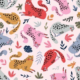 vector seamless pattern with cute cheetahs on the pink background. tropical animals. fashionable fabric design and tropical print.
