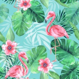 seamless tropical pattern with pink flamingos. watercolor illustration 3