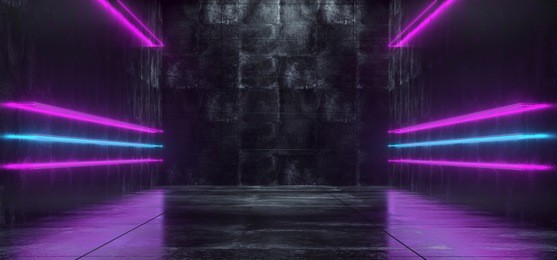 empty lighted dark grunge concrete room with long bright glowing neon lights  3d rendering illustration