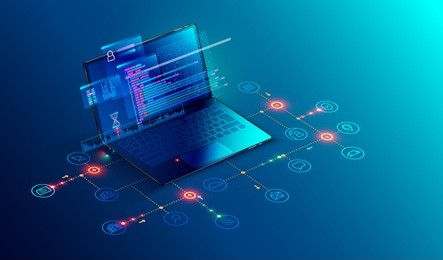 software, web development, programming concept. abstract programming language and program code on screen laptop. laptop and icons company network . technology process of software development 





