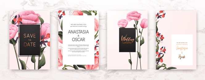 wedding invitation frame set; flowers, leaves, watercolor, minimal vector. sketched wreath, floral and herbs garland with rose, green, greenery color. handdrawn vector watercolour style, nature art.