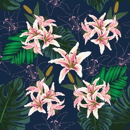 seamless pattern pink lilly flowers,green monstera and palm leaves on dark blue background.vector illustration watercolor style.for used wallpaper design,textile fabric or wrapping paper