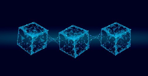 blockchain cube chain symbol on square code big data flow information. blue neon glowing modern trend. cryptocurrency finance bitcoin business concept vector illustration background template