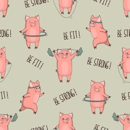 cute cartoon pigs exercising seamless pattern. vector fitness print.