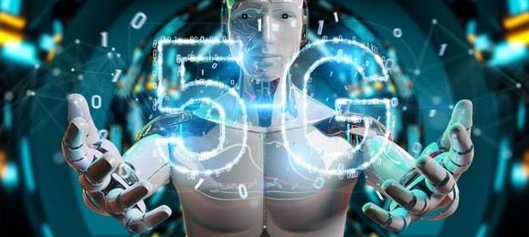 white cyborg on blurred background using 5g network digital hologram 3d rendering
