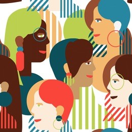 various portraits of women in geometric modern style.  vector fashion seamless texture with girls faces in simple shapes.