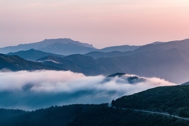 mountain peaks in morning fog - foggy morning over wutai mountains in shanxi, china