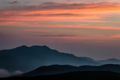 panorama of sunrise in the foggy mountains in shanxi, china