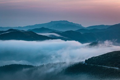 mountain peaks in morning fog - foggy morning over wutai mountains in shanxi, china
