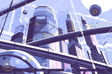 city metropolis of future with skyscrapers and hyperloop. vector illustration