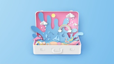 illustration of creative design sea view inside suitcase. open suitcase for sea travel in summer. graphic design for summer. paper cut and craft style. vector, illustration.