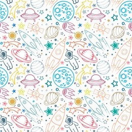 space hand drawn sameless pattern for kids. space, spaceships, rocket, ufos, comets and planets with stars. trendy kids vector background.
hand drawn space elements seamless pattern. space doodle back