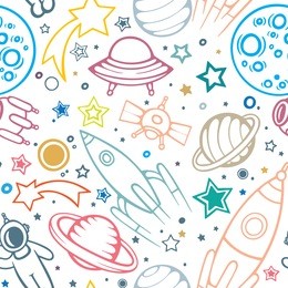 space hand drawn sameless pattern for kids. space, spaceships, rocket, ufos, comets and planets with stars. trendy kids vector background.
hand drawn space elements seamless pattern. space doodle back