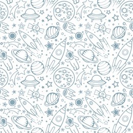space hand drawn sameless pattern for kids. space, spaceships, rocket, ufos, comets and planets with stars. trendy kids vector background.
hand drawn space elements seamless pattern. space doodle back