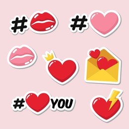vector set of romantic love stickers icons. red and pink heart, hashtag heart, heart with crown, lips in kiss, heart with lightning, envelope with hearts.