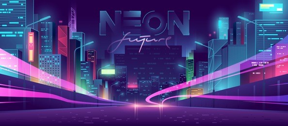 futuristic night city. cityscape on a dark background with bright and glowing neon purple and blue lights. wide highway front view. cyberpunk and retro wave style illustration.
