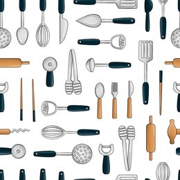 vector seamless pattern of colored kitchen tools. repeat background with isolated colorful cutlery, spatula,whisk,knife,spoon, ladle,fork,pizza  cutter, corckscrew, vegetable peeler, rolling pin