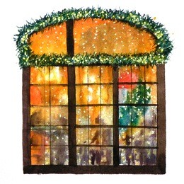 watercolor illustration of a window on christmas eve