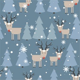 seamless pattern, deers, christmas trees, snow, hand drawn overlapping backdrop. colorful background vector. design illustration. decorative wallpaper, good for printing. happy new year. winter time