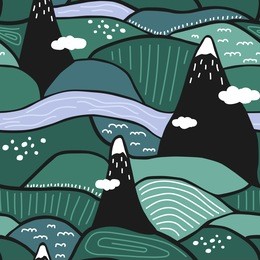 landscape, seamless pattern vector. colorful backdrop, mountains, rivers, fields. decorative colored wallpaper, good for printing. hand drawn overlapping background