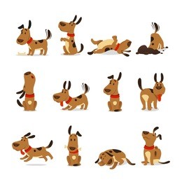 cartoon dog set. dogs tricks icons and action training digging dirt eating pet food jumping wiggle sleeping running and barking brown happy cute animal poses vector isolated symbol illustration