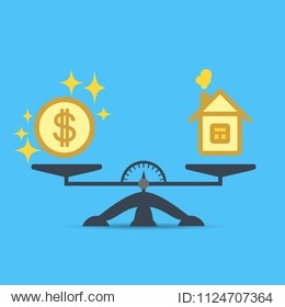 a dollar coin and a house on the scales. money and house scales icon. real estate, rent, expenses, liabilities and mortgage concept. money and balance at home on the scale of the concept. estate sale