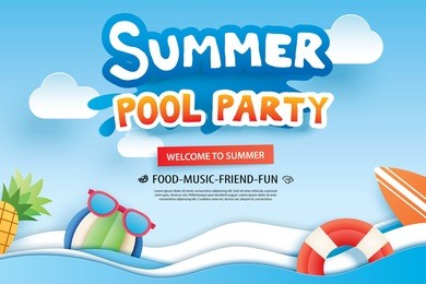 summer pool party with paper cut symbol and icon for invitation background. art and craft style. use for ads, banner, poster, card, cover, stickers, badges, illustration design.