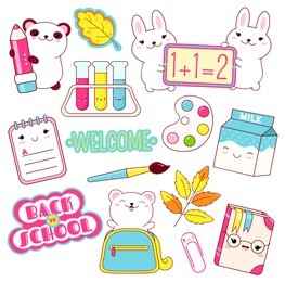 back to school. vector set of education icons in kawaii style. polar bear in bag, panda with pencil, milk, book, diary, labels, chemistry flask, paint, paintbrush, clip. eps8