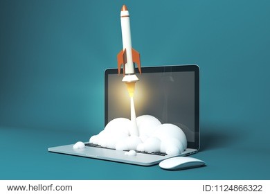 start up concept with rocket flying out of laptop screen on blue background. 3d render