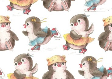 seamless pattern with cute penguins on skates.  hand-drawn  illustration  in watercolor and ink. 