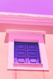 purple sashes on the window. bright neon colors. minimal and surreal. summer vacation. urban style