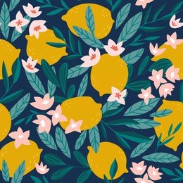 tropical summer fruit seamless pattern. citrus tree in hand drawn style. vector fabric design with  lemons and flowers.