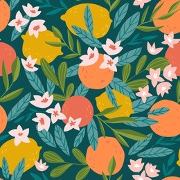 tropical summer fruit seamless pattern. citrus tree in hand drawn style. vector fabric design with oranges, lemons and flowers.