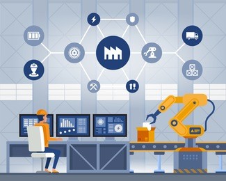 industry 4.0 smart factory concept. workers, robot arms and assembly line. technology vector illustration