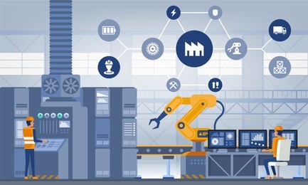 industry 4.0 smart factory concept. workers, robot arms and assembly line. technology vector illustration