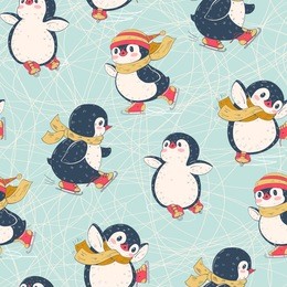 seamless pattern with cute penguins. hand-drawn illustration. vector.