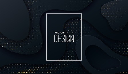 abstract 3d background with black paper layers. vector geometric illustration of carbon sliced shapes textured with golden glittering dots. graphic design element. elegant decoration