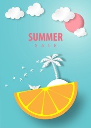 paper art summer sale background with lemon island and coconut tree white origami boat , summer beach view paper cut style vector