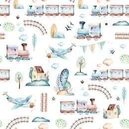 baby boys world. cartoon airplane, plane and waggon locomotive watercolor illustration patterns. child toys birthday backgraund transport elements seamless pattern