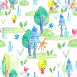 seamless pattern with a cartoon decorative, cute forest, watercolor trees, lawn, flowers, grass, leaves, spruce