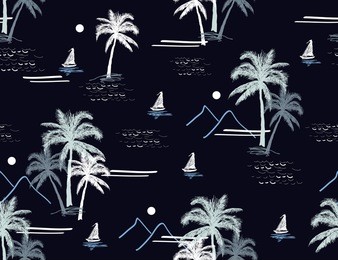 beautiful botanical vector seamless pattern background with coconut palm trees, sailboats,  beach and ocean vector hand drawn style. isolated on a white  background. hand drawn style.